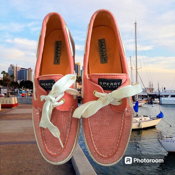 Women's Sperry Top Siders Coral Clear Sequins Size 9M 2 Eye Tie Preowned - Picture 2 of 9
